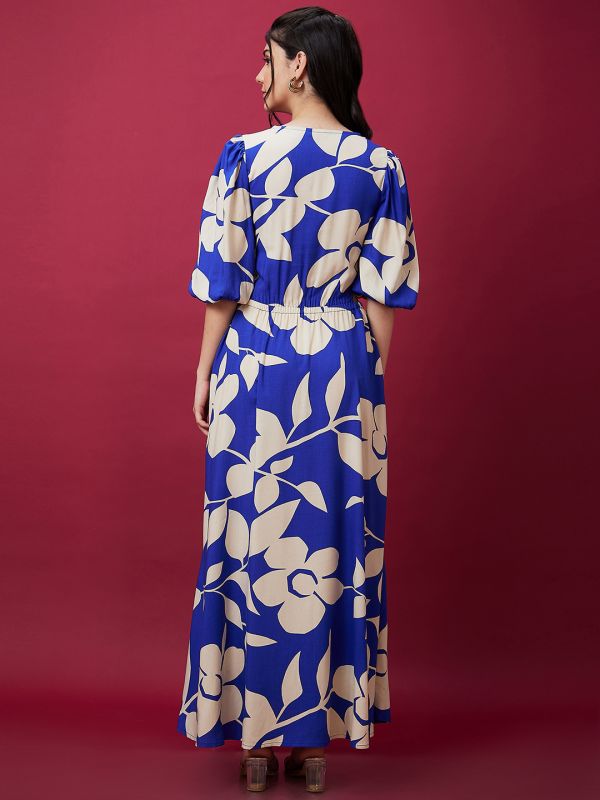 Globus Women Blue Floral Print Square Neck Waist Cut Out Maxi Dress
