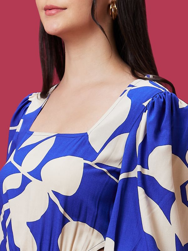 Globus Women Blue Floral Print Square Neck Waist Cut Out Maxi Dress