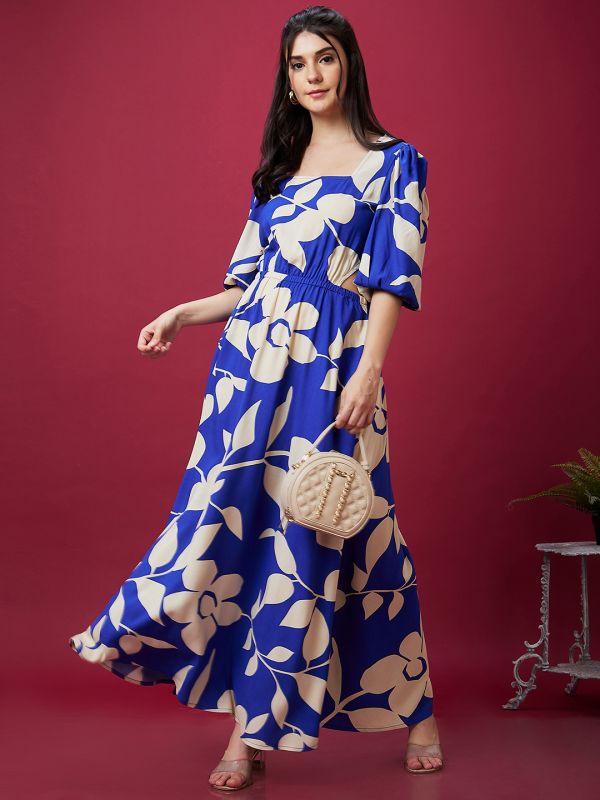 Globus Women Blue Floral Print Square Neck Waist Cut Out Maxi Dress