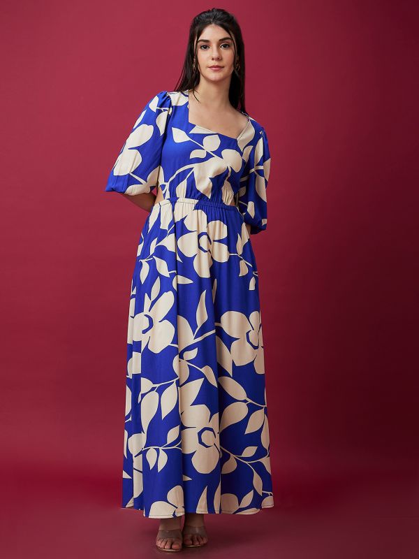 Globus Women Blue Floral Print Square Neck Waist Cut Out Maxi Dress
