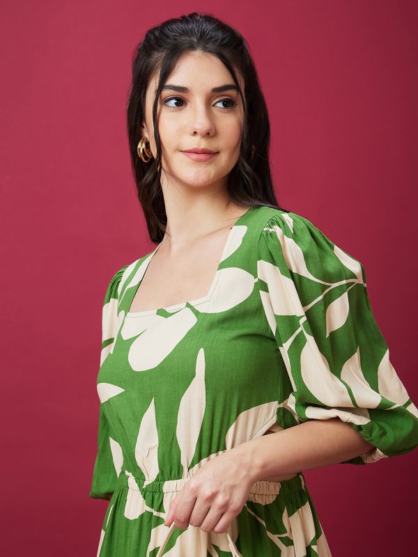 Globus Women Green Floral Print Square Neck Waist Cut Out Maxi Dress
