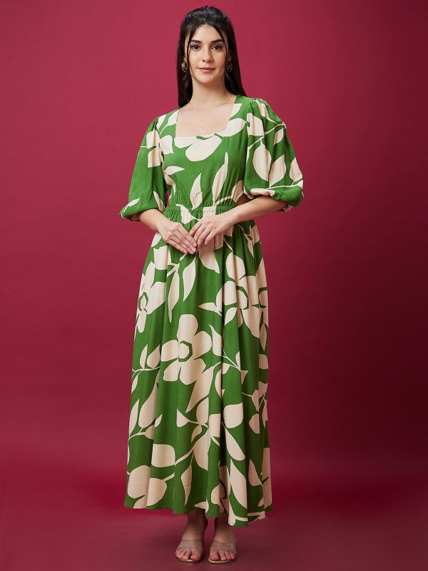 Globus Women Green Floral Print Square Neck Waist Cut Out Maxi Dress
