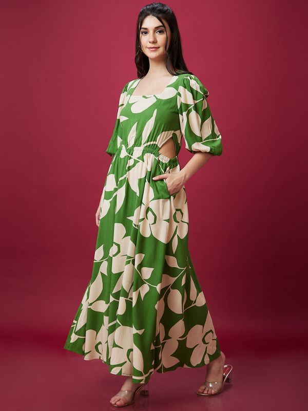 Globus Women Green Floral Print Square Neck Waist Cut Out Maxi Dress