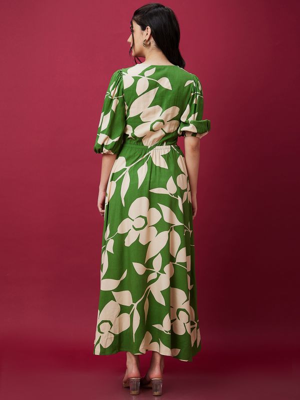 Globus Women Green Floral Print Square Neck Waist Cut Out Maxi Dress