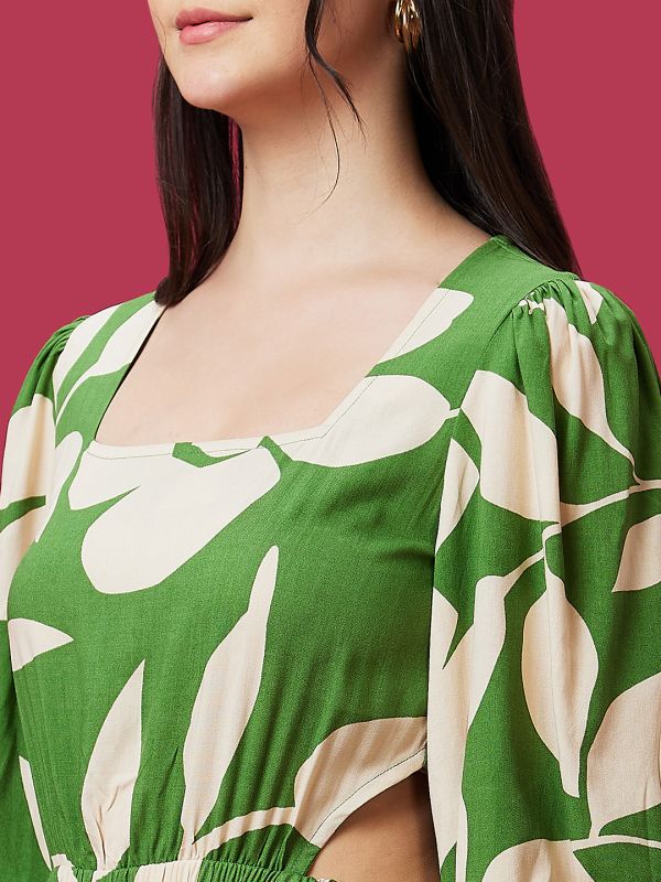 Globus Women Green Floral Print Square Neck Waist Cut Out Maxi Dress