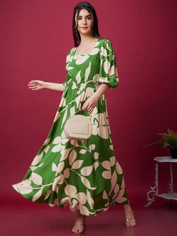 Globus Women Green Floral Print Square Neck Waist Cut Out Maxi Dress