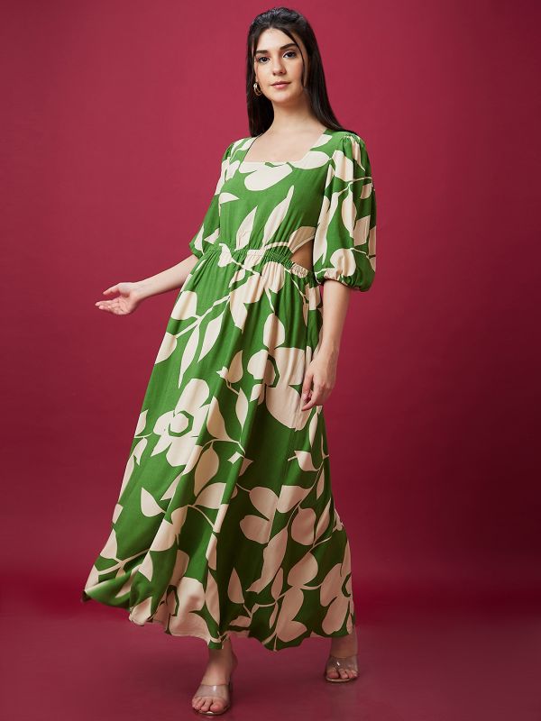 Globus Women Green Floral Print Square Neck Waist Cut Out Maxi Dress