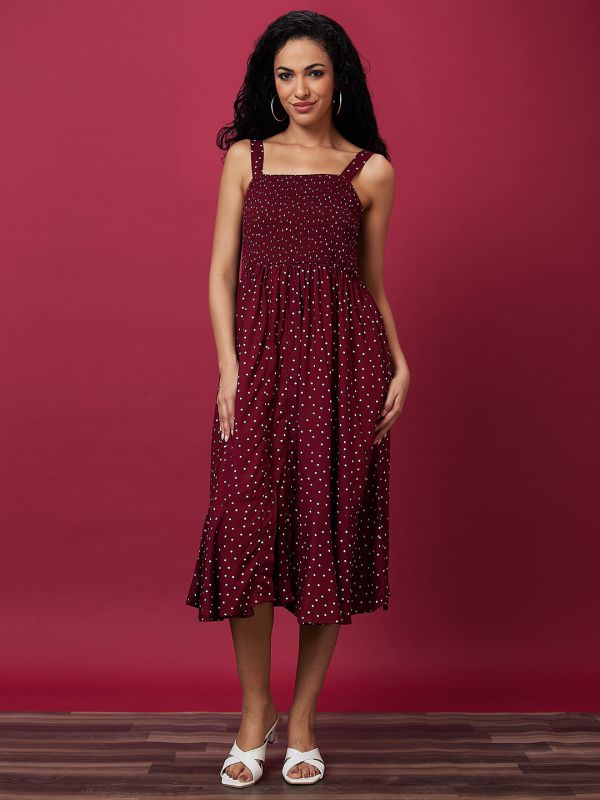 Globus Women Maroon Smocked Strappy Neck Fit and Flare Tiered Midi Dress