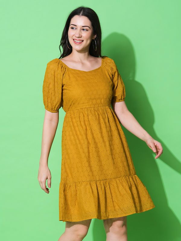 Globus Women Mustard A-Line Schiffli Dress