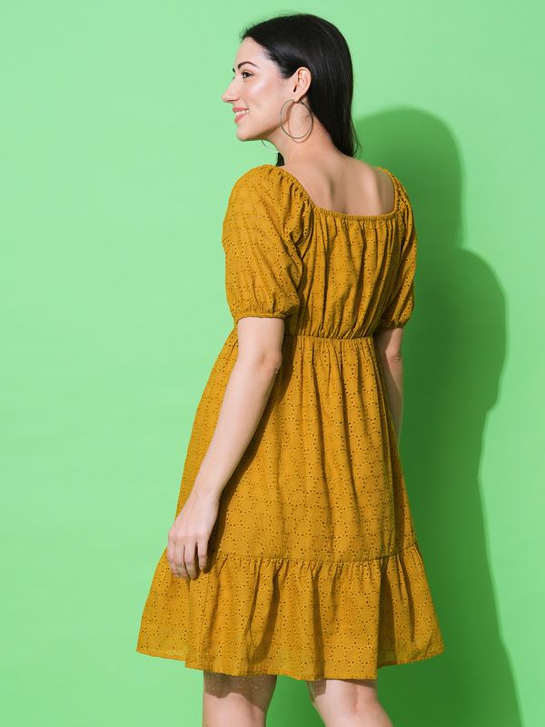 Globus Women Mustard A-Line Schiffli Dress