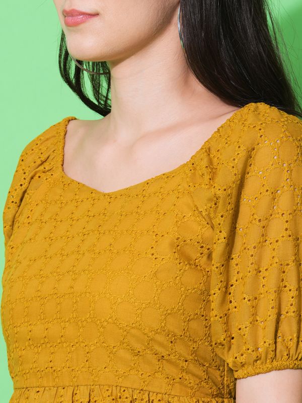 Globus Women Mustard A-Line Schiffli Dress