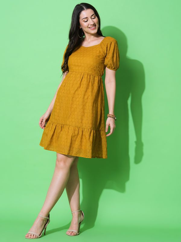 Globus Women Mustard A-Line Schiffli Dress