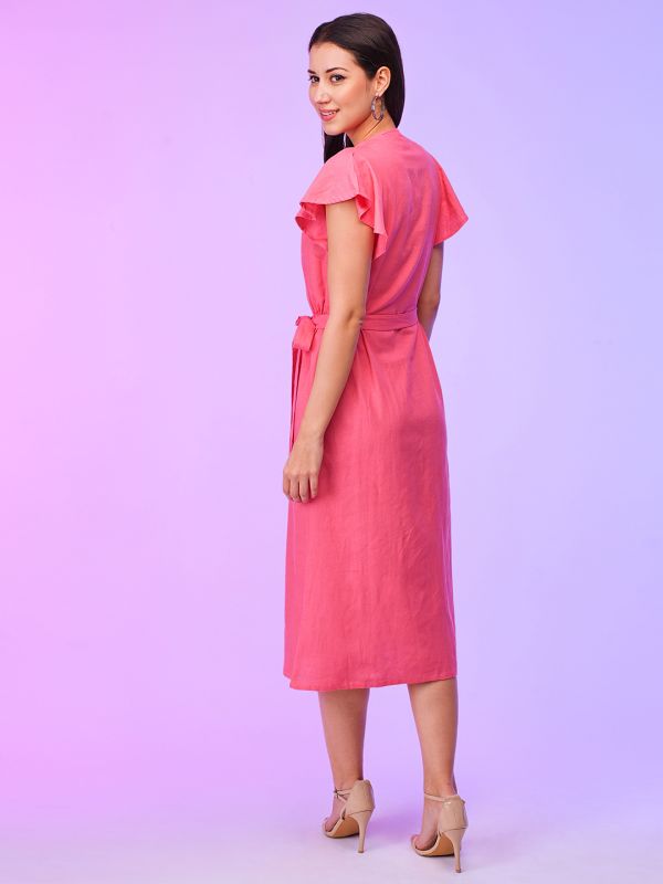 Globus Women Coral A-Line Summer Midi Dress With Belt Tie-Up