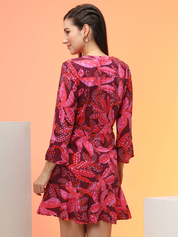 Globus Women Purple Tropical Print Mandarin Collar Bell Sleeves Fit & Flare Belted Mini Dress