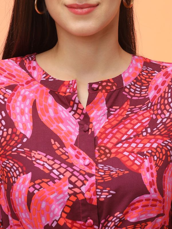 Globus Women Purple Tropical Print Mandarin Collar Bell Sleeves Fit & Flare Belted Mini Dress
