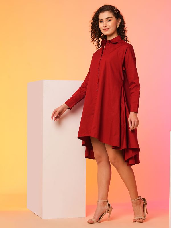Globus Women Maroon Asymmetric Loose Fit A-Line Dress