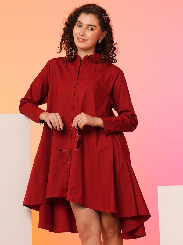 Globus Women Maroon Asymmetric Loose Fit A-Line Dress