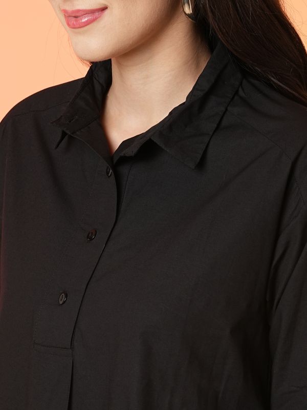 Globus Women Black Asymmetric Hem Loose Fit A-Line Dress