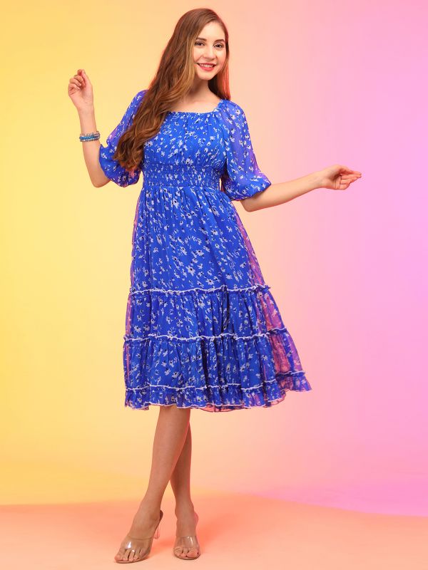 Globus Women Blue Square Neck Puff Sleeves Floral Print Smocked Tiered Fit & Flare Midi Dress