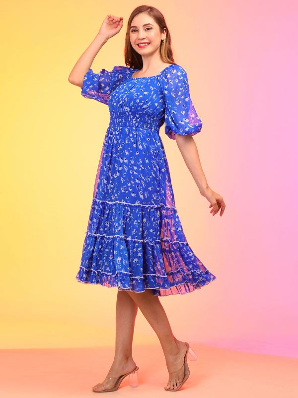 Globus Women Blue Square Neck Puff Sleeves Floral Print Smocked Tiered Fit & Flare Midi Dress