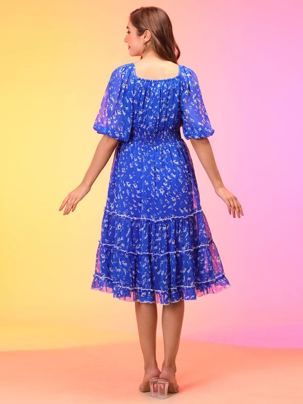 Globus Women Blue Square Neck Puff Sleeves Floral Print Smocked Tiered Fit & Flare Midi Dress