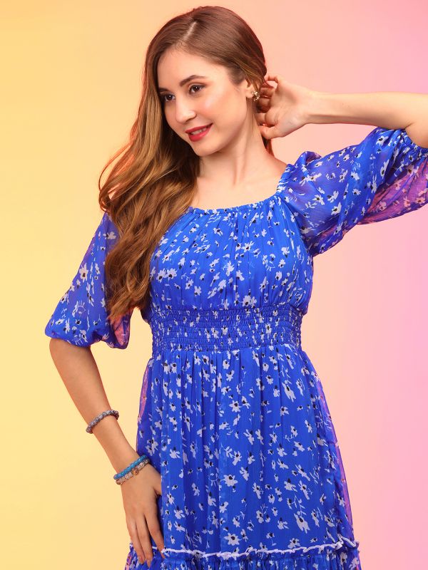 Globus Women Blue Square Neck Puff Sleeves Floral Print Smocked Tiered Fit & Flare Midi Dress