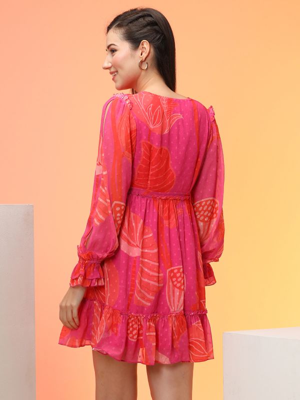 Globus Women Pink Tropical Print Wrap Neck Gathered Fit & Flare Mini Dress With Slit Sleeves