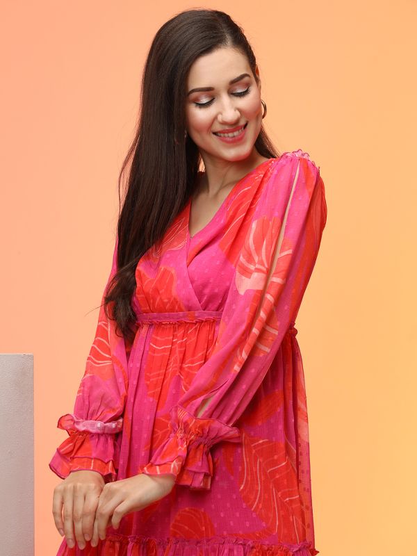 Globus Women Pink Tropical Print Wrap Neck Gathered Fit & Flare Mini Dress With Slit Sleeves
