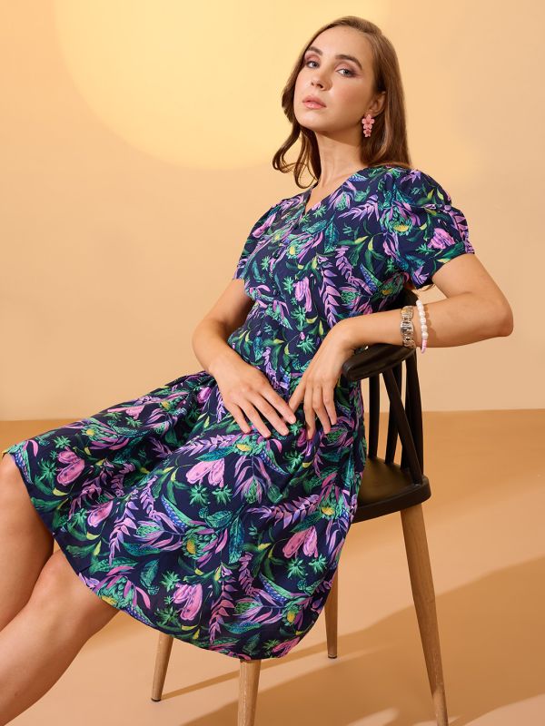 Globus Women Multi V-Neck Puff Sleeves Button Detail Tropical Printed Pleated A-Line Dress
