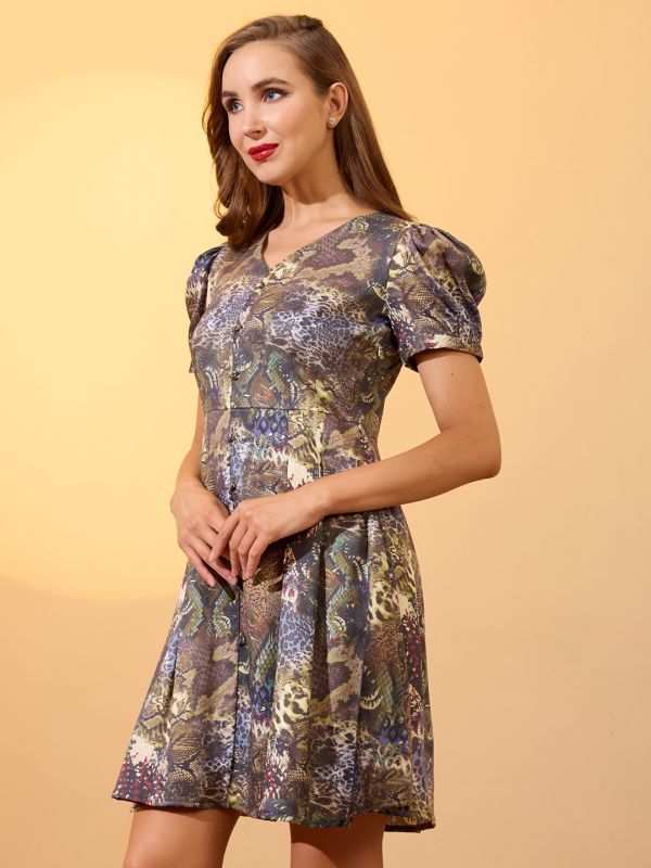 Globus Women Multi V-Neck Puff Sleeves Button Detail Animal Printed Pleated A-Line Dress