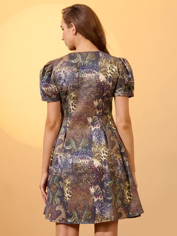 Globus Women Multi V-Neck Puff Sleeves Button Detail Animal Printed Pleated A-Line Dress