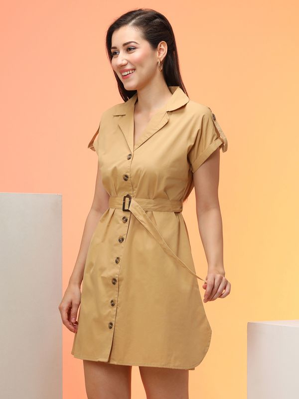 Globus Women Khaki Utility Inspired Curved Hem Workwear Shirt Dress With Belt