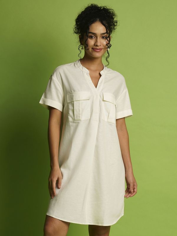 Globus Women Ivory Mandarin Collar With V-Cut Safari Pockets Shirt Style Dress