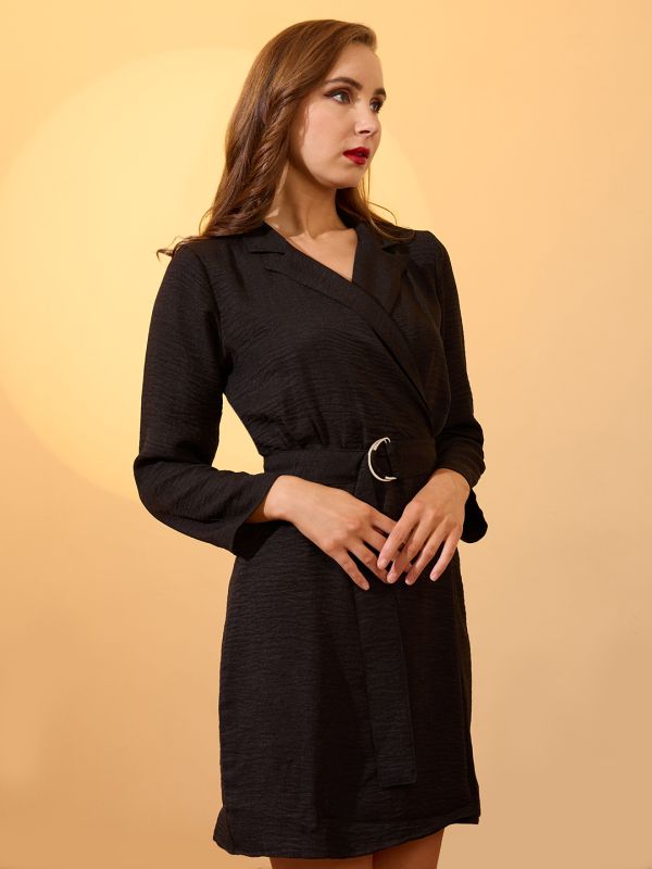 Globus Women Black Self Design Notched Collar Long Sleeves Wrap Belted Workwear Dress