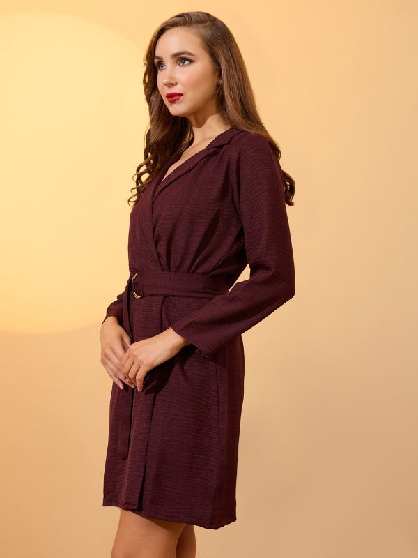 Globus Women Maroon Self Design Notched Collar Long Sleeves Wrap Belted Workwear Dress