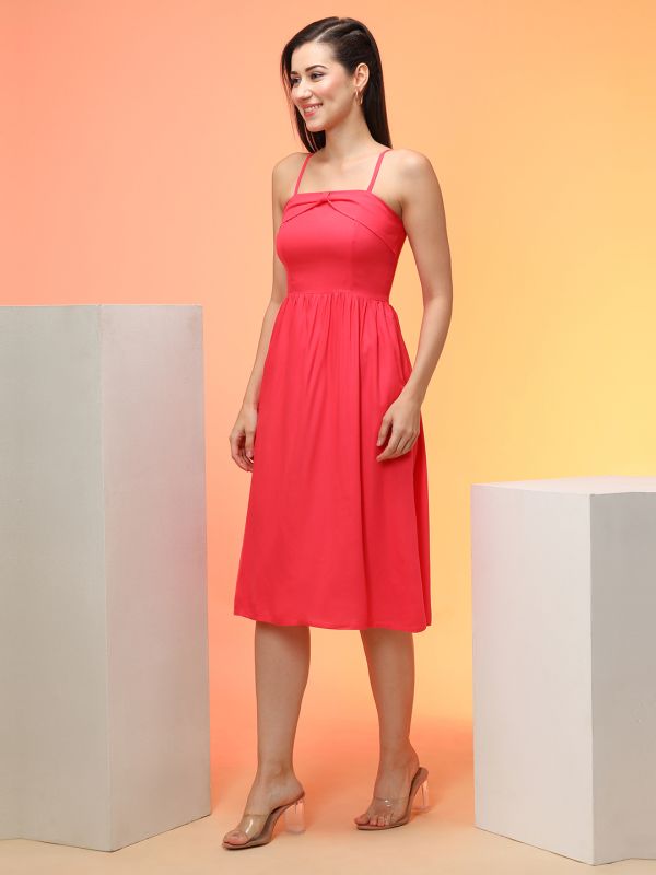 Globus Women Pink Square Neck Strappy Shoulder Bow Design Fit & Flare Midi Party Dress