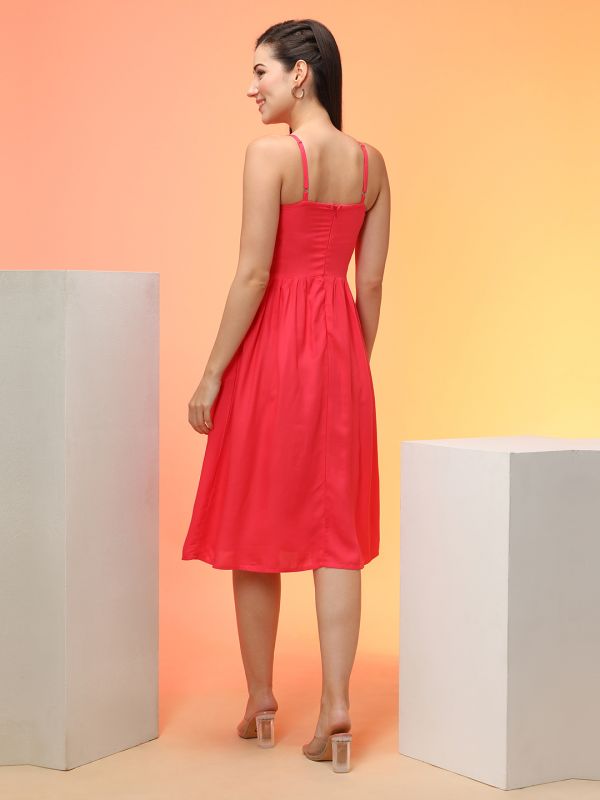 Globus Women Pink Square Neck Strappy Shoulder Bow Design Fit & Flare Midi Party Dress