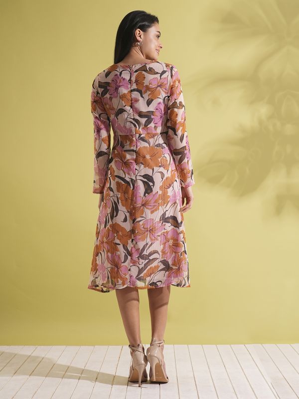 Globus Women Multi-Color Floral Print V-Neck Full Sleeves Twisted Detail A-Line Midi Dress