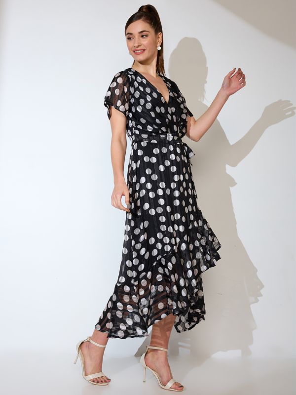 Globus Women Black Polka Dot Print Wrap Neck Flared Sleeves Waist Tie-Up Ruffled Tulip Hem A-line Midi Dress