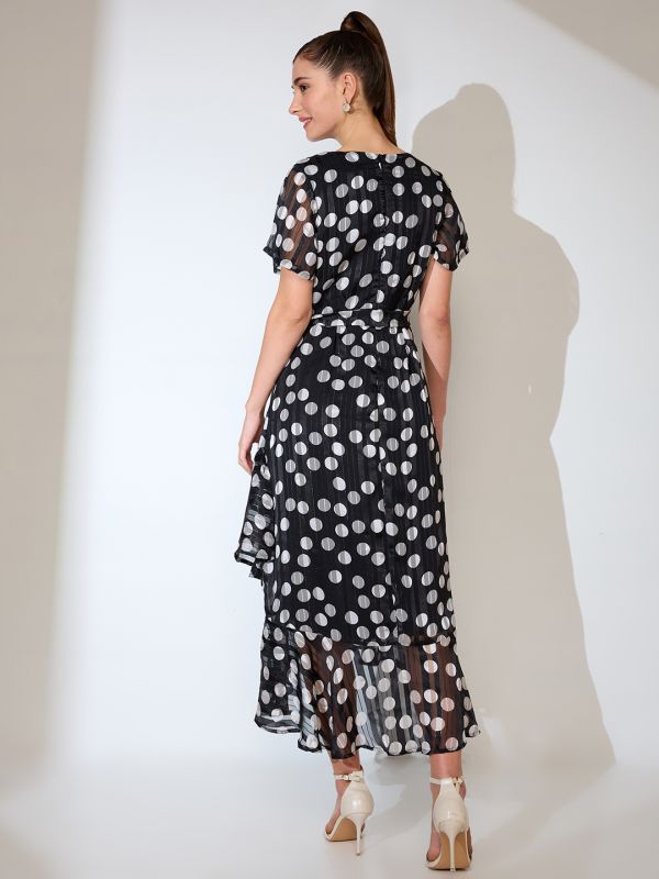 Globus Women Black Polka Dot Print Wrap Neck Flared Sleeves Waist Tie-Up Ruffled Tulip Hem A-line Midi Dress