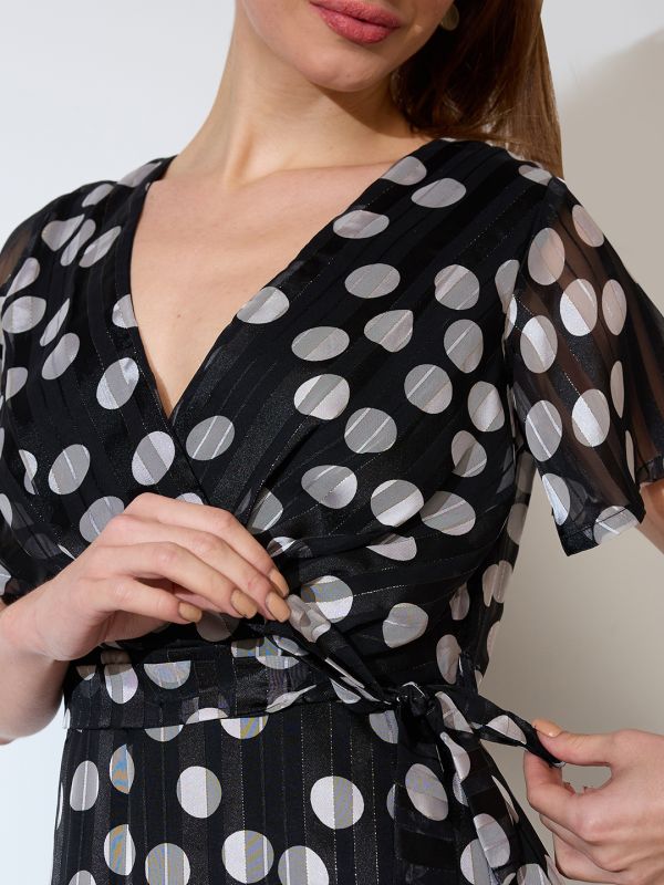 Globus Women Black Polka Dot Print Wrap Neck Flared Sleeves Waist Tie-Up Ruffled Tulip Hem A-line Midi Dress