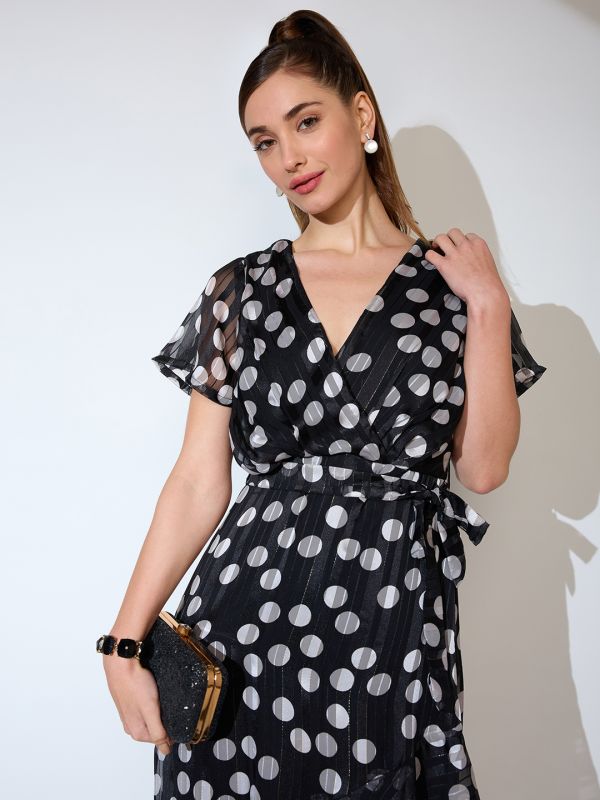 Globus Women Black Polka Dot Print Wrap Neck Flared Sleeves Waist Tie-Up Ruffled Tulip Hem A-line Midi Dress