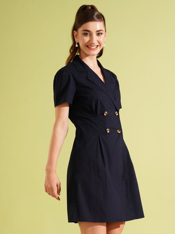 Globus Women Navy Blue Notched Lapel Double Breasted Ruched Back Mini Workwear Blazer Dress