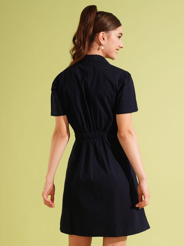 Globus Women Navy Blue Notched Lapel Double Breasted Ruched Back Mini Workwear Blazer Dress