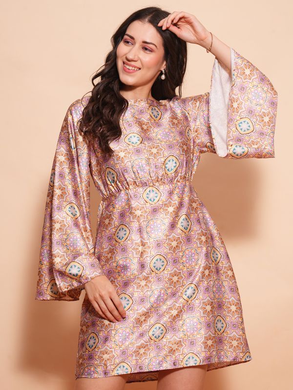 Globus Women Multi Boat Neck Flared Long Sleeves Satin A-line Mini Party Dress