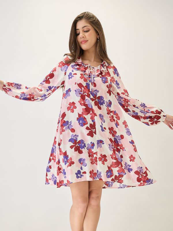 Globus Women White Floral Print Ruffled V-Neck Bishop Sleeves Mini A-Line Dress