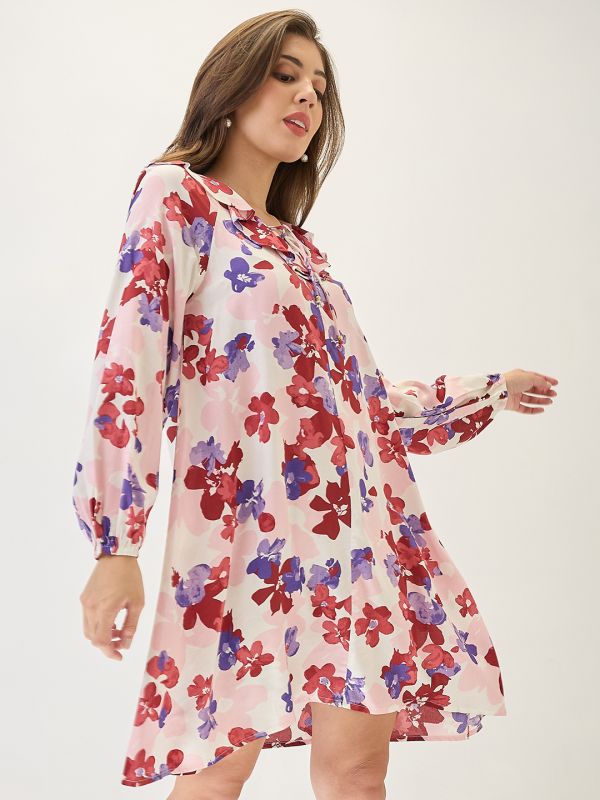 Globus Women White Floral Print Ruffled V-Neck Bishop Sleeves Mini A-Line Dress