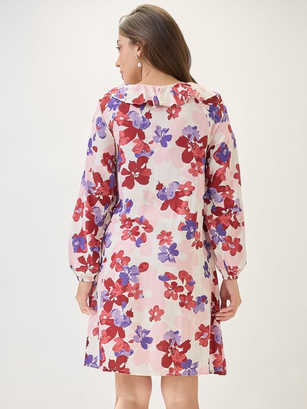 Globus Women White Floral Print Ruffled V-Neck Bishop Sleeves Mini A-Line Dress