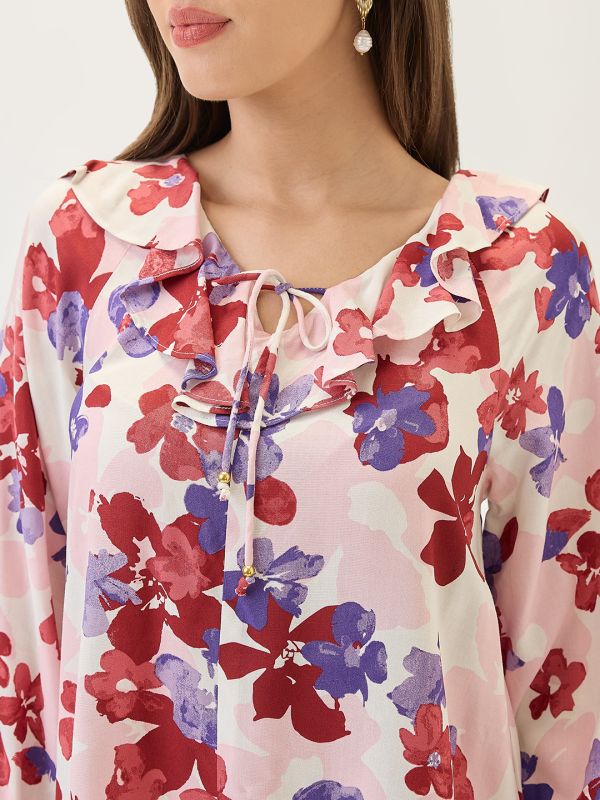 Globus Women White Floral Print Ruffled V-Neck Bishop Sleeves Mini A-Line Dress