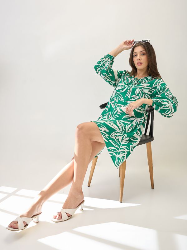 Globus Women Green Tropical Print Ruffled V-Neck Bishop Sleeves Mini A-Line Dress